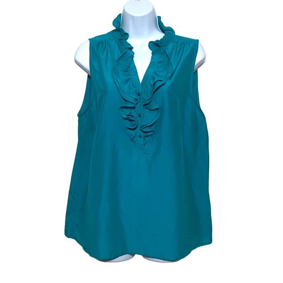 LOFT Tops - Loft Blue Sleeveless Top Blouse L Ruffles Cotton Silk Classic Chic Career Office